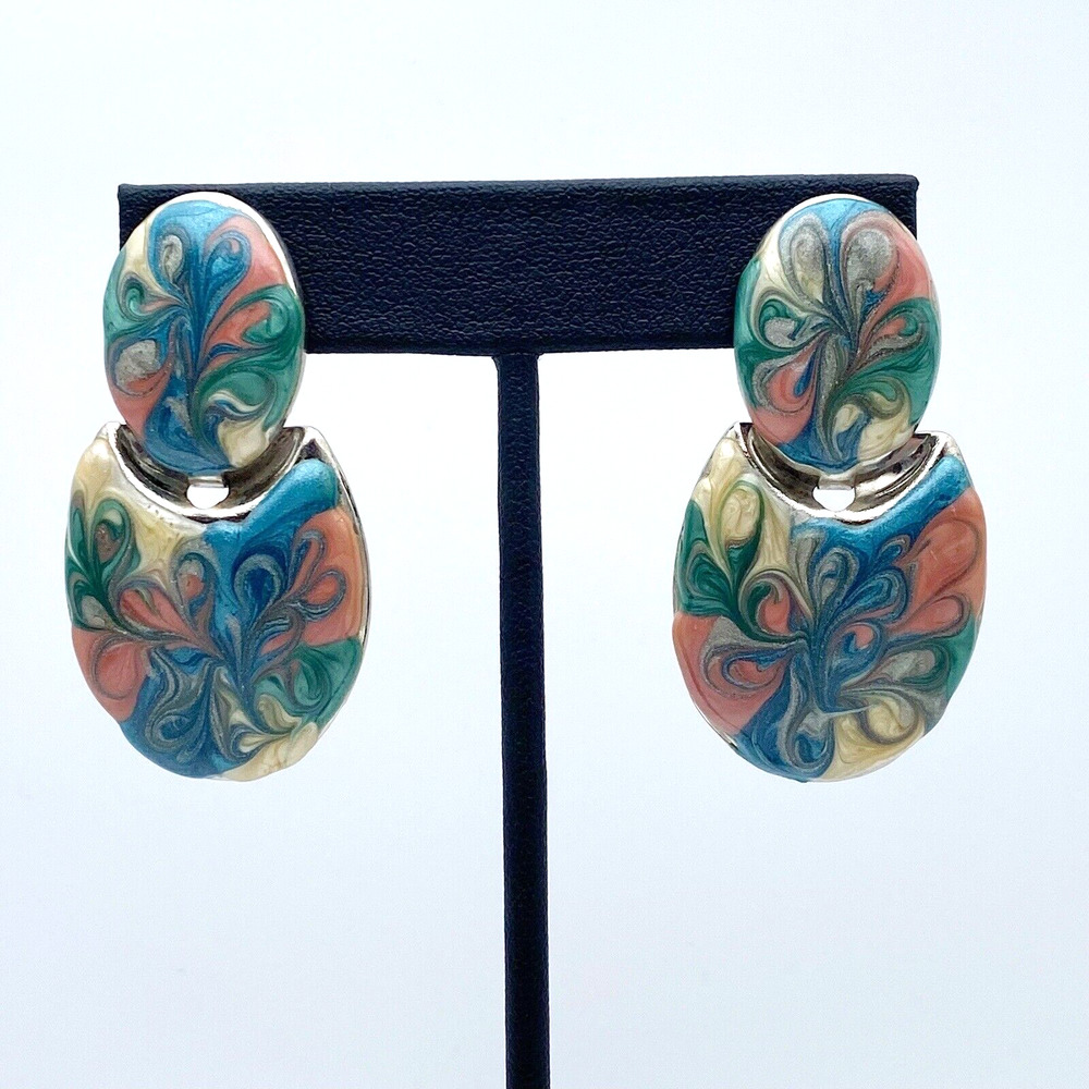 Vintage Swirl Enamel Dangle Earrings Metallic Blue Green Pink Cream 1980s 2"